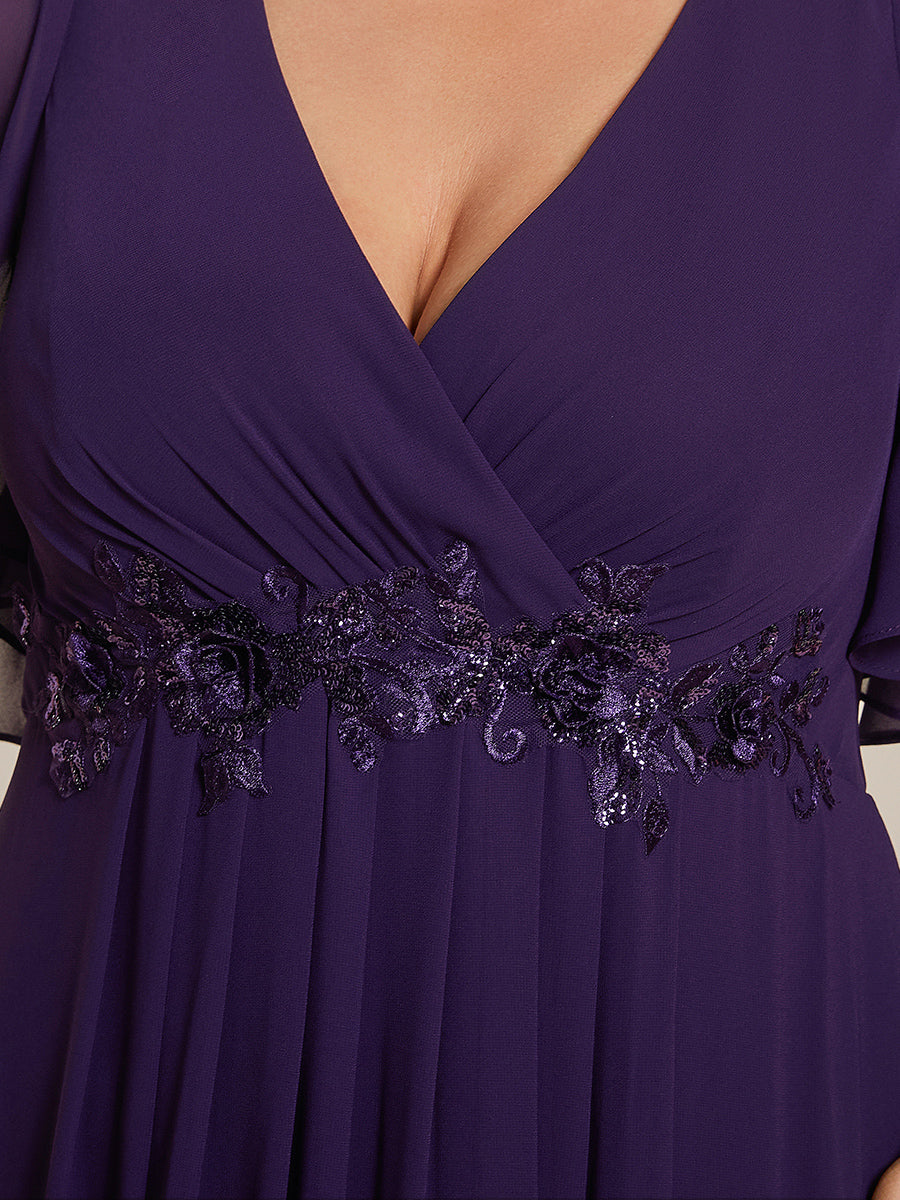 Funkelndes Abendkleid in A-Linie mit Empire-Taille und langen ?rmeln #farbe_Dunkelviolett