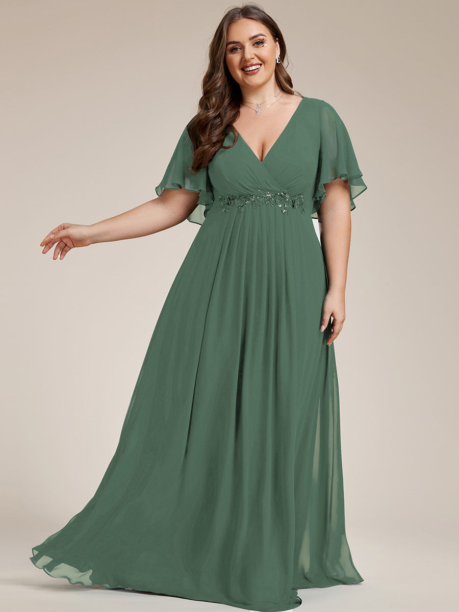 Funkelndes Abendkleid in A-Linie mit Empire-Taille und langen ?rmeln #farbe_Eukalyptus