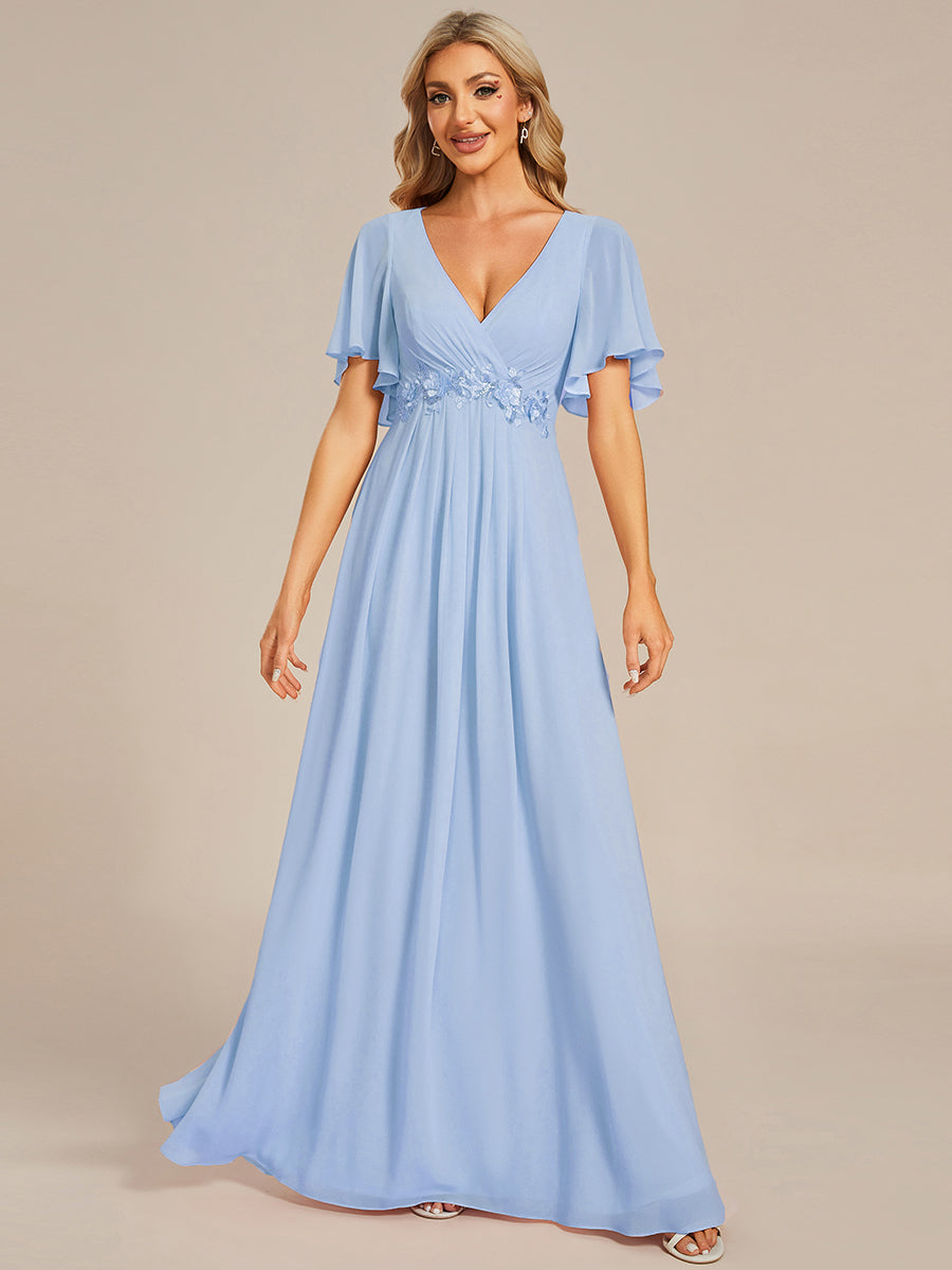 Funkelndes Abendkleid in A-Linie mit Empire-Taille und langen ?rmeln #farbe_Eisblau
