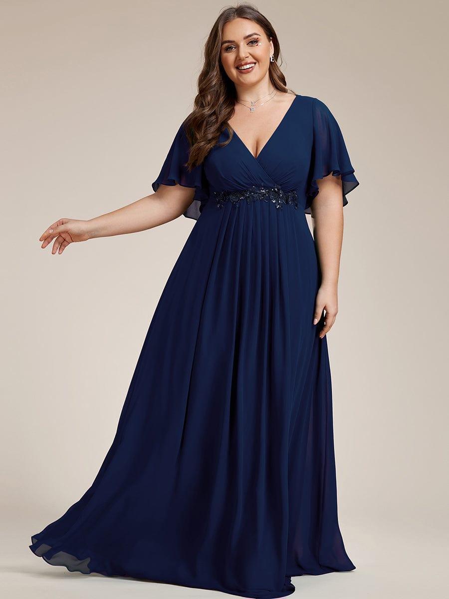 Funkelndes Abendkleid in A-Linie mit Empire-Taille und langen ?rmeln #farbe_Marineblau