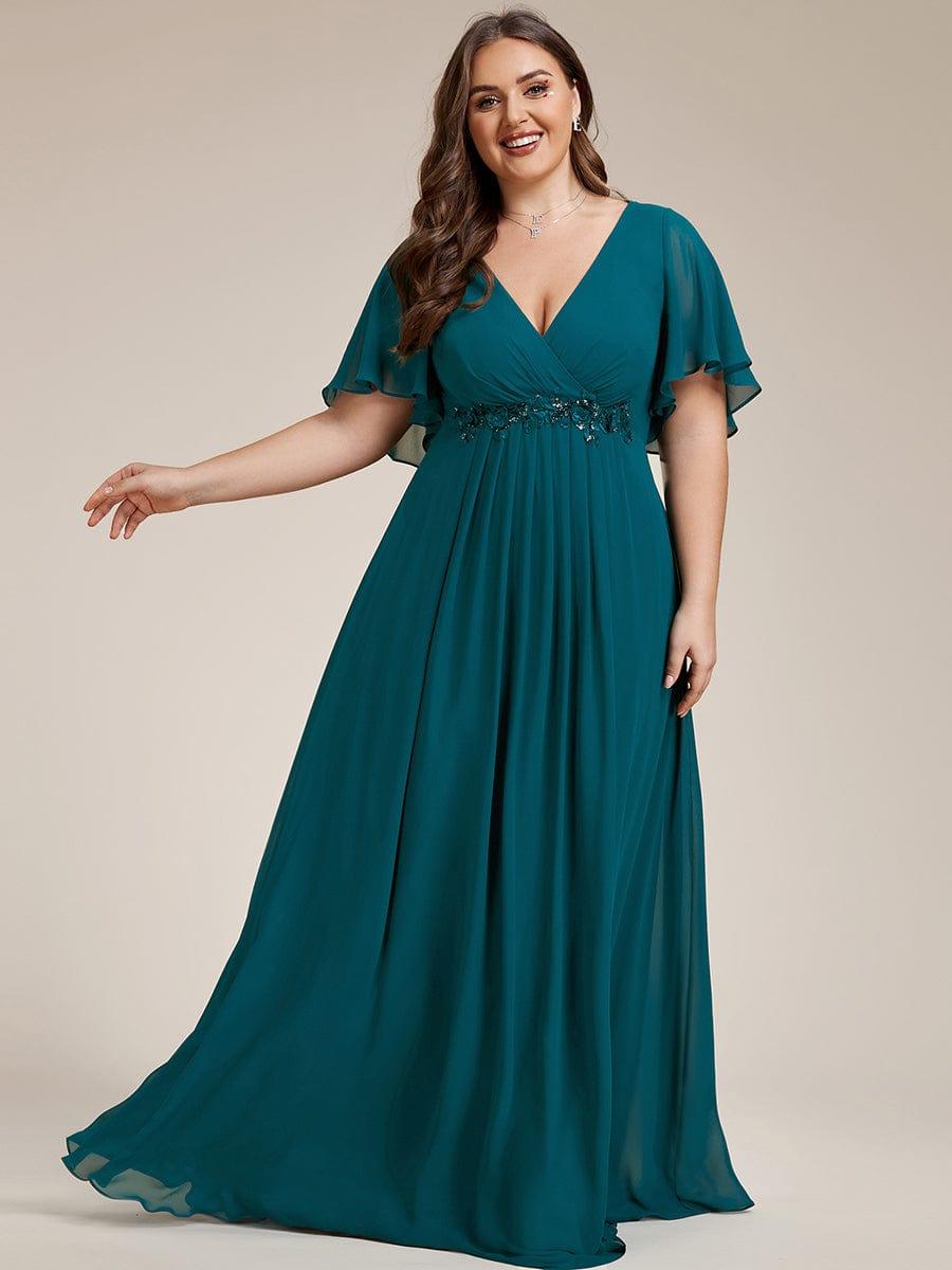 Funkelndes Abendkleid in A-Linie mit Empire-Taille und langen ?rmeln #farbe_Petrol