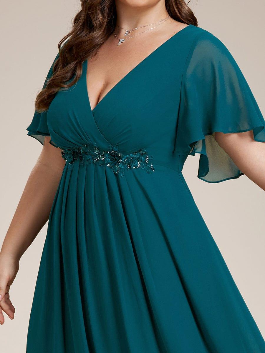 Funkelndes Abendkleid in A-Linie mit Empire-Taille und langen ?rmeln #farbe_Petrol