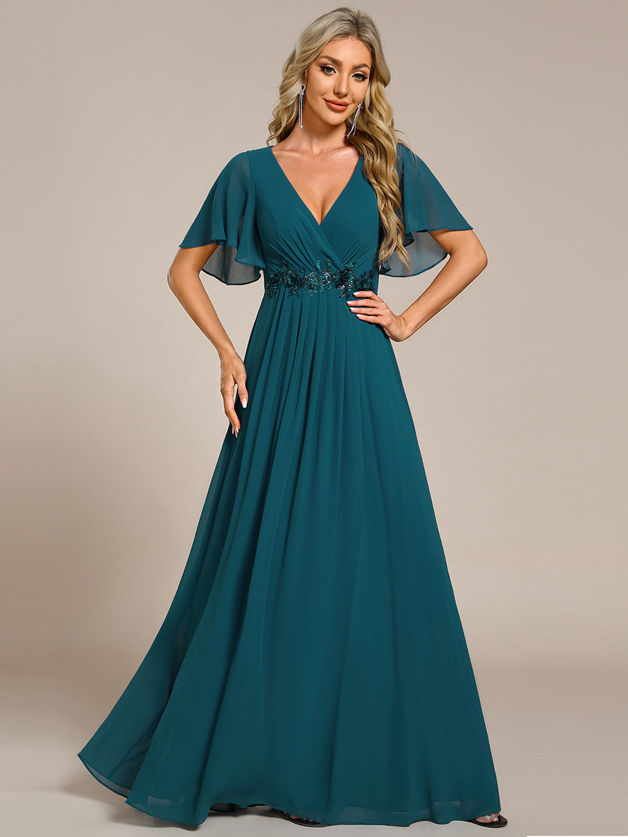 Funkelndes Abendkleid in A-Linie mit Empire-Taille und langen ?rmeln #farbe_Petrol