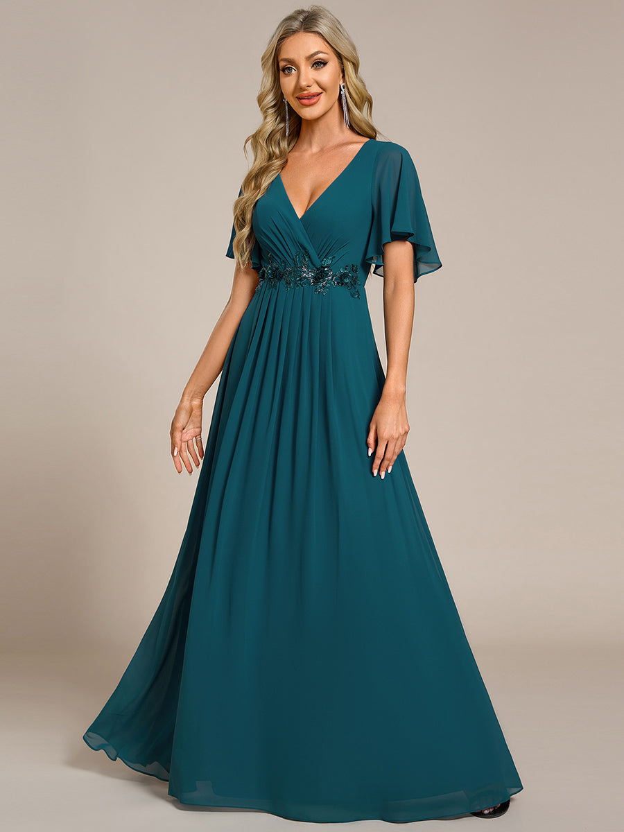 Funkelndes Abendkleid in A-Linie mit Empire-Taille und langen ?rmeln #farbe_Petrol