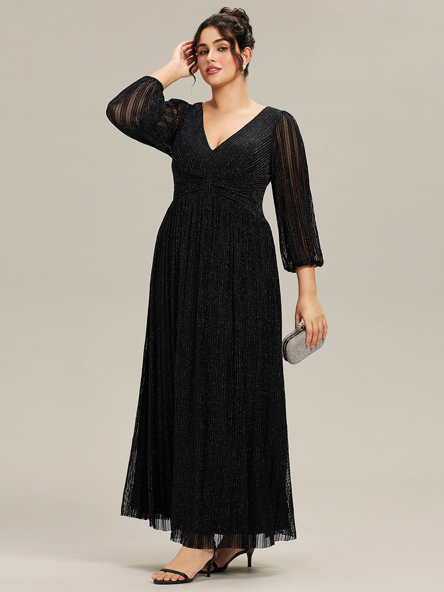 Funkelndes Abendkleid in A-Linie mit Empire-Taille und langen Ärmeln #farbe_Schwarz