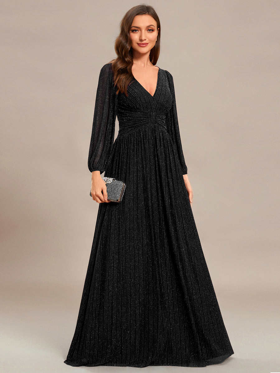 Funkelndes Abendkleid in A-Linie mit Empire-Taille und langen Ärmeln #farbe_Schwarz