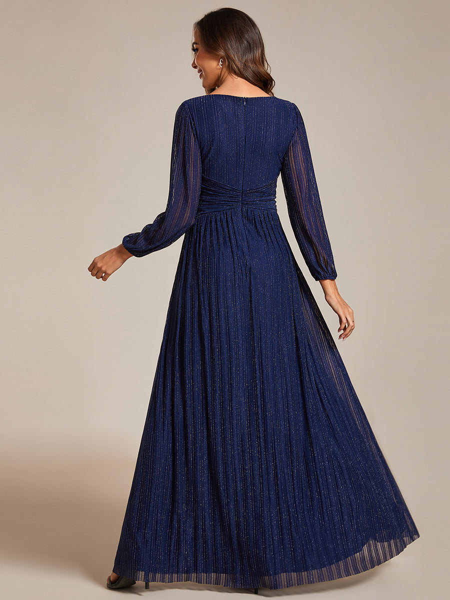 Funkelndes Abendkleid in A-Linie mit Empire-Taille und langen Ärmeln #farbe_Marineblau