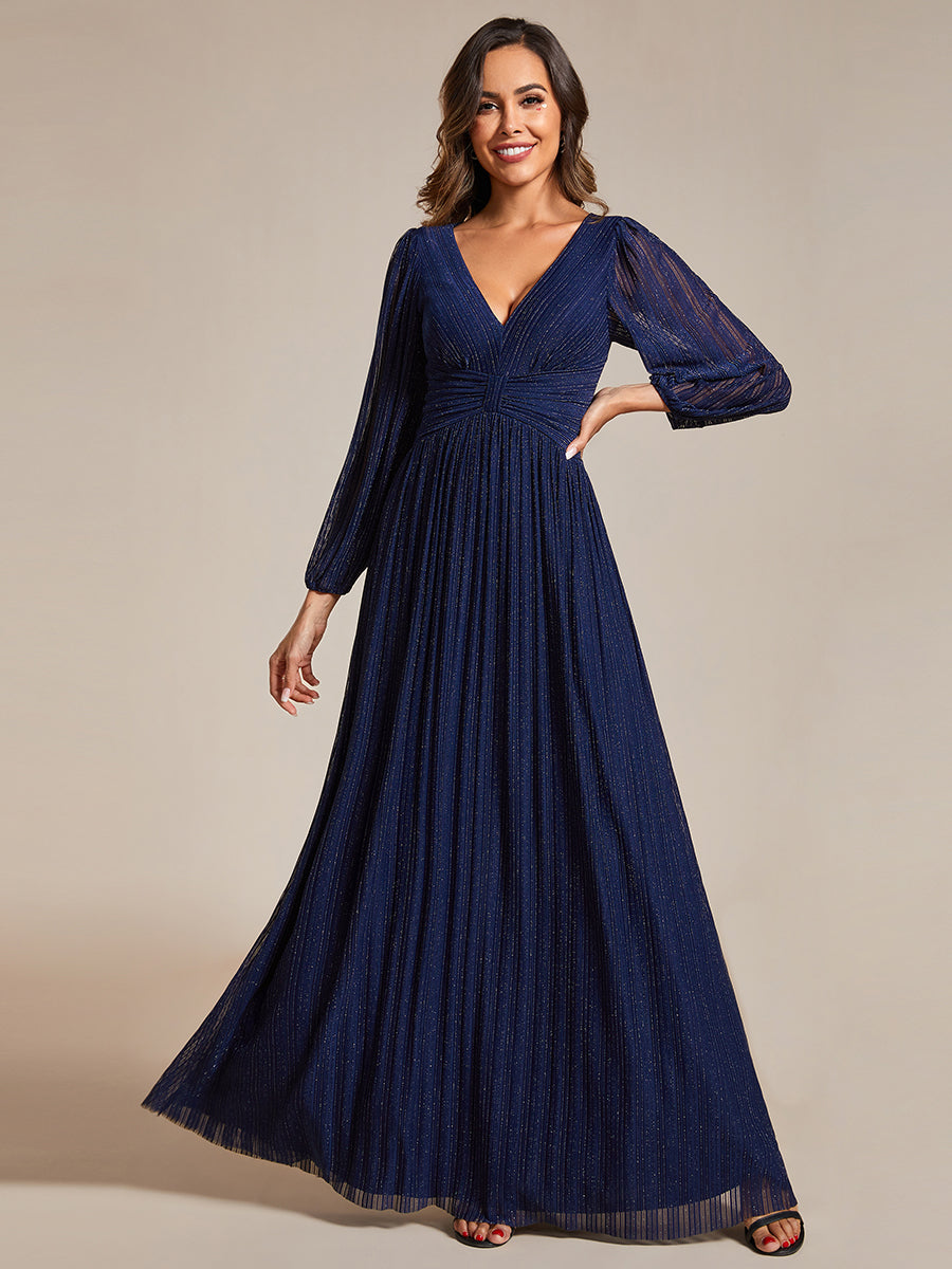 Funkelndes Abendkleid in A-Linie mit Empire-Taille und langen Ärmeln #farbe_Marineblau