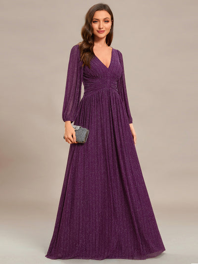 Funkelndes Abendkleid in A-Linie mit Empire-Taille und langen Ärmeln #farbe_Glyzinienviolett