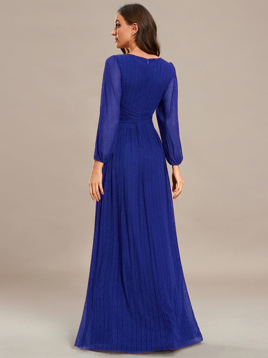 Funkelndes Abendkleid in A-Linie mit Empire-Taille und langen Ärmeln #farbe_Saphirblau
