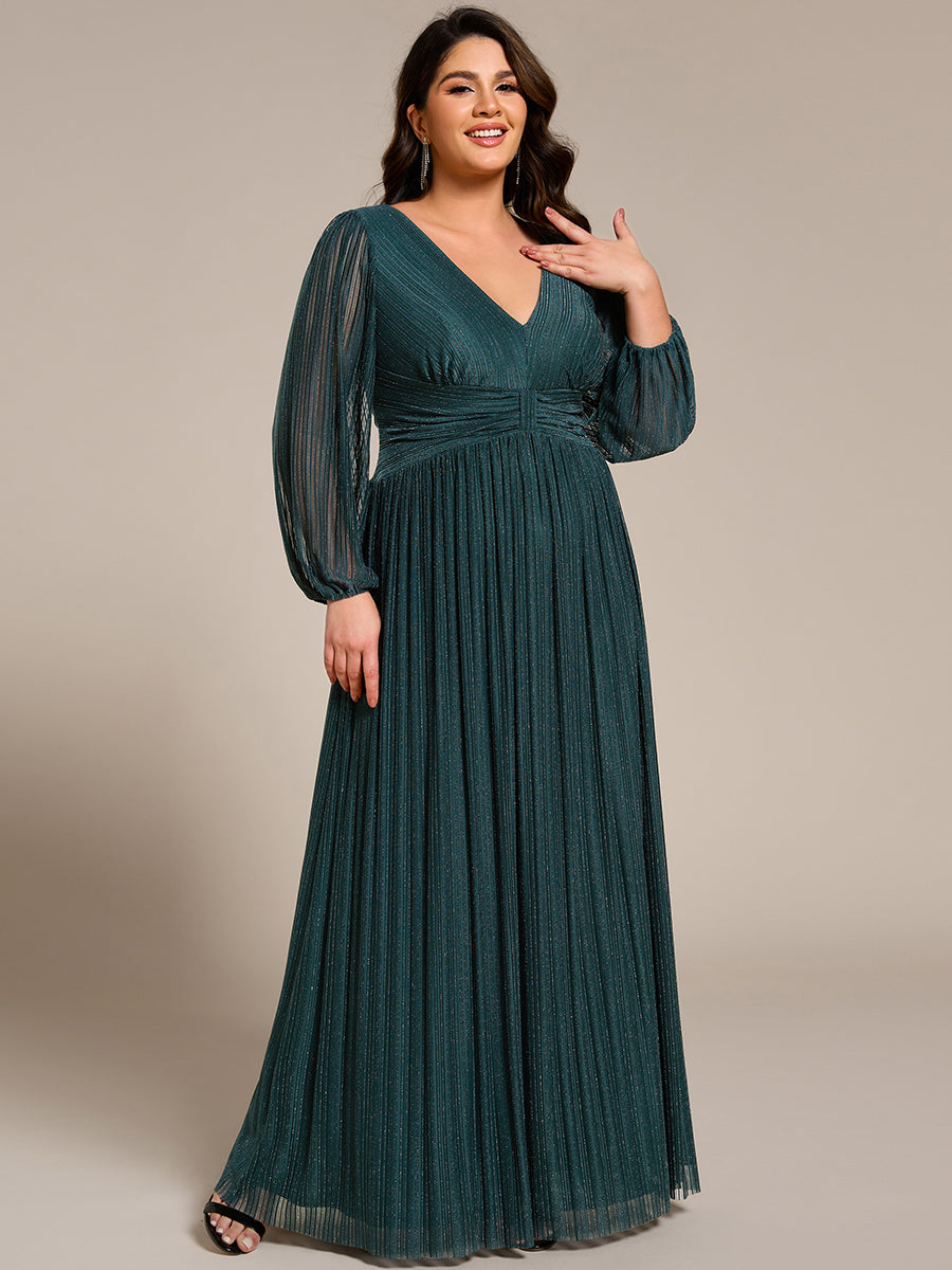Funkelndes Abendkleid in A-Linie mit Empire-Taille und langen Ärmeln #farbe_Petrol
