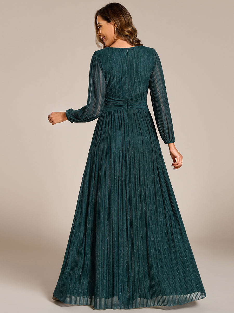 Funkelndes Abendkleid in A-Linie mit Empire-Taille und langen Ärmeln #farbe_Petrol