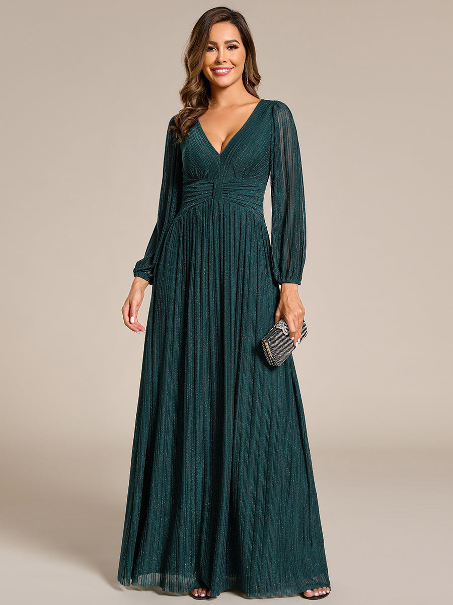 Funkelndes Abendkleid in A-Linie mit Empire-Taille und langen Ärmeln #farbe_Petrol
