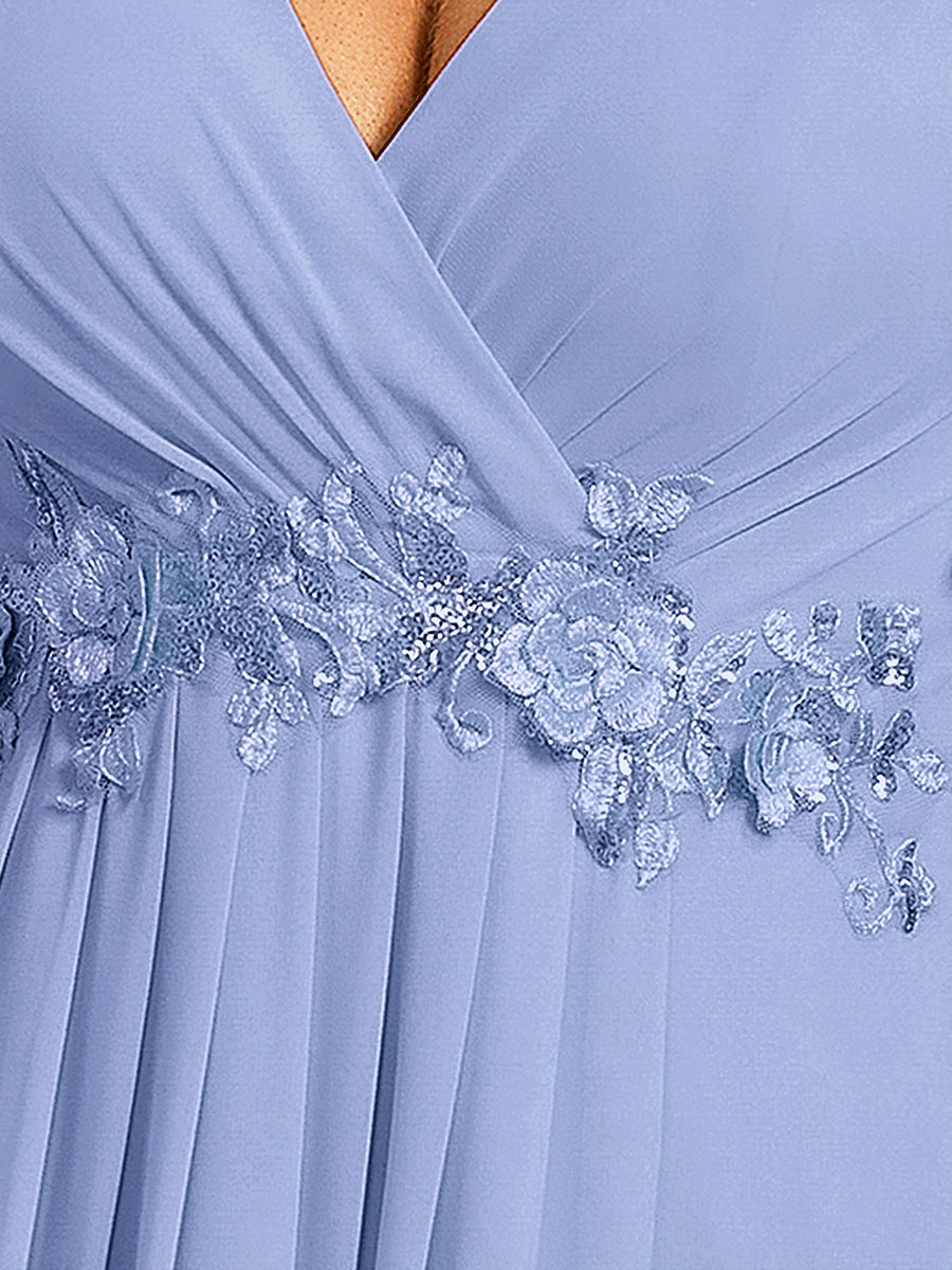 Funkelndes Abendkleid in A-Linie mit Empire-Taille und langen ?rmeln #farbe_Kornblumenblau