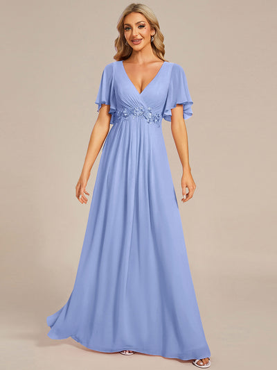 Funkelndes Abendkleid in A-Linie mit Empire-Taille und langen ?rmeln #farbe_Kornblumenblau