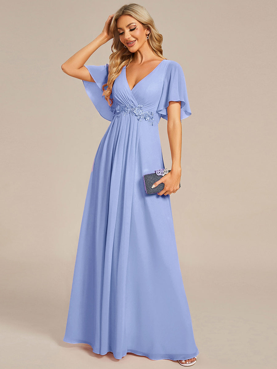 Funkelndes Abendkleid in A-Linie mit Empire-Taille und langen ?rmeln #farbe_Kornblumenblau
