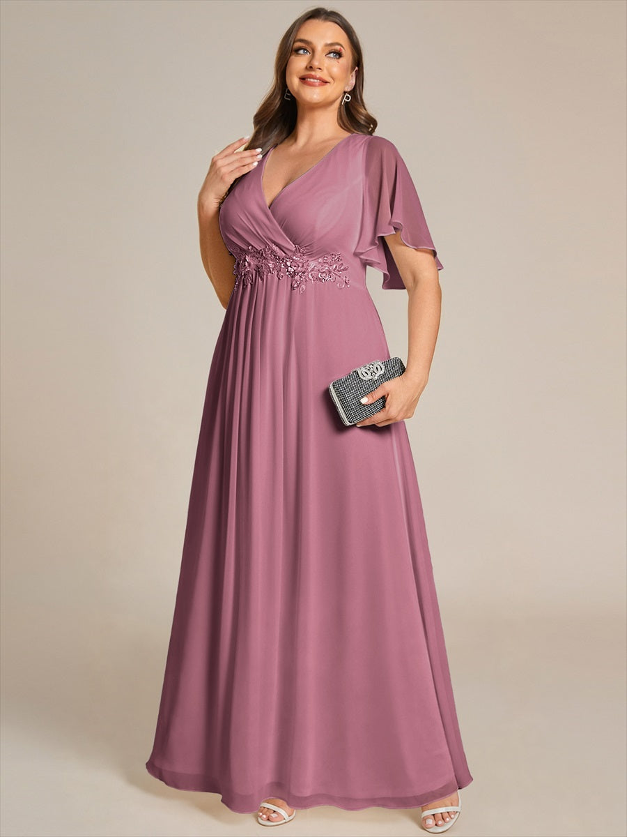 Funkelndes Abendkleid in A-Linie mit Empire-Taille und langen ?rmeln #farbe_Orchideenviolett