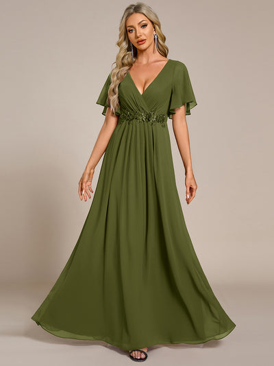 Funkelndes Abendkleid in A-Linie mit Empire-Taille und langen ?rmeln #farbe_Olivgrün