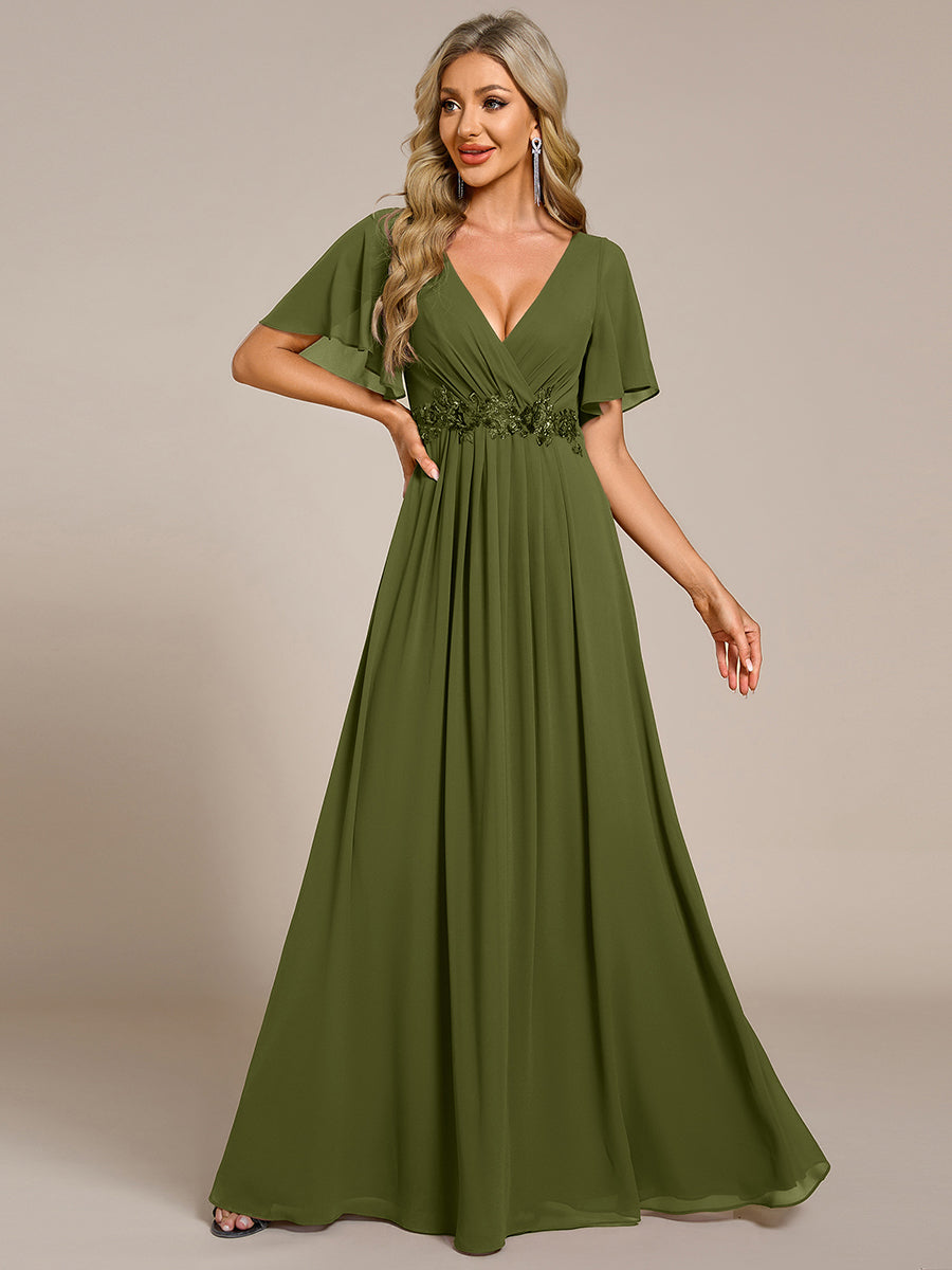 Funkelndes Abendkleid in A-Linie mit Empire-Taille und langen ?rmeln #farbe_Olivgrün