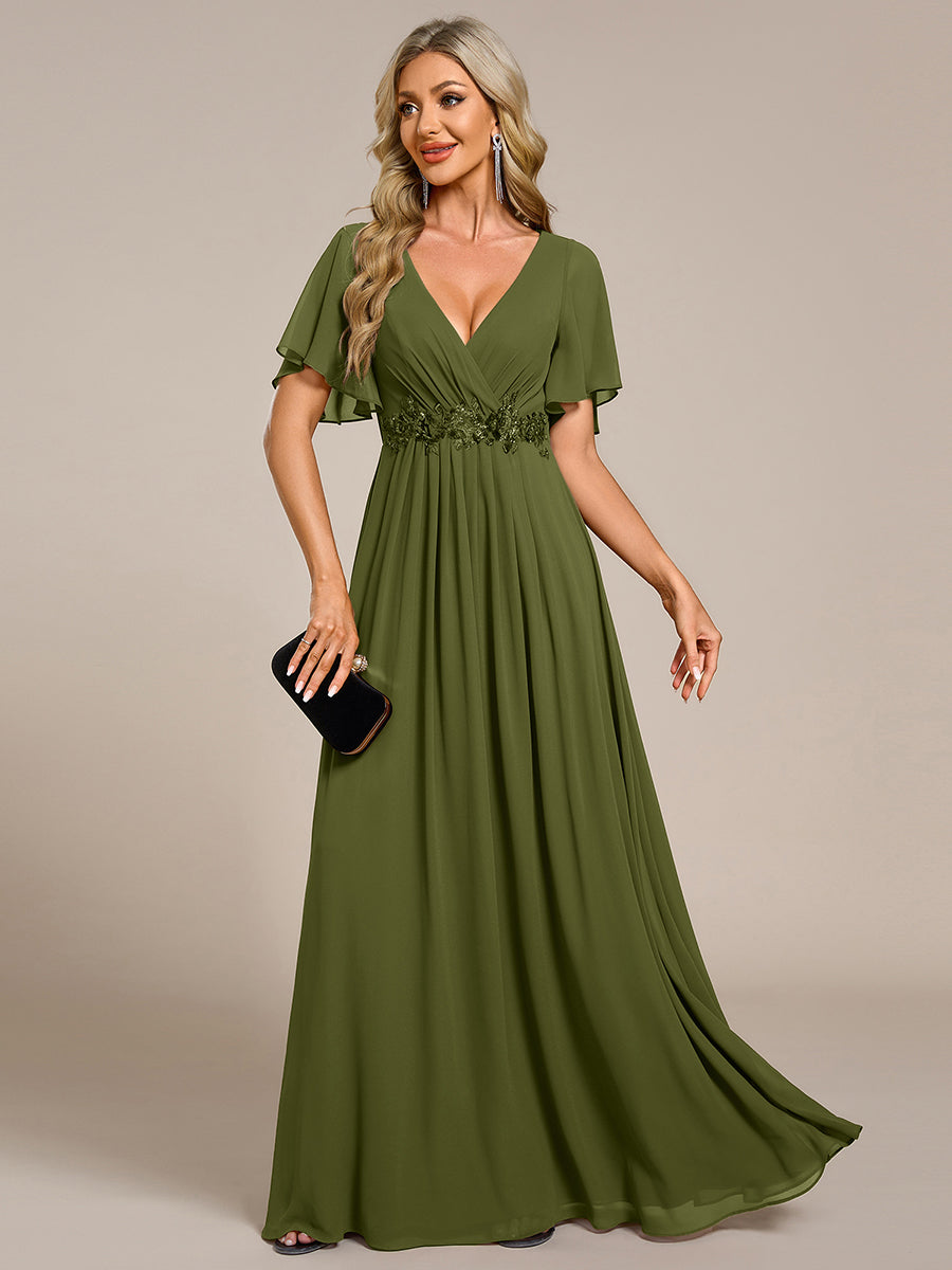 Funkelndes Abendkleid in A-Linie mit Empire-Taille und langen ?rmeln #farbe_Olivgrün