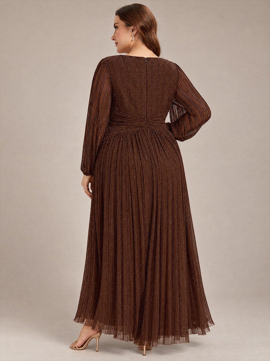 Funkelndes Abendkleid in A-Linie mit Empire-Taille und langen Ärmeln #Farbe_Schokoladenbraun