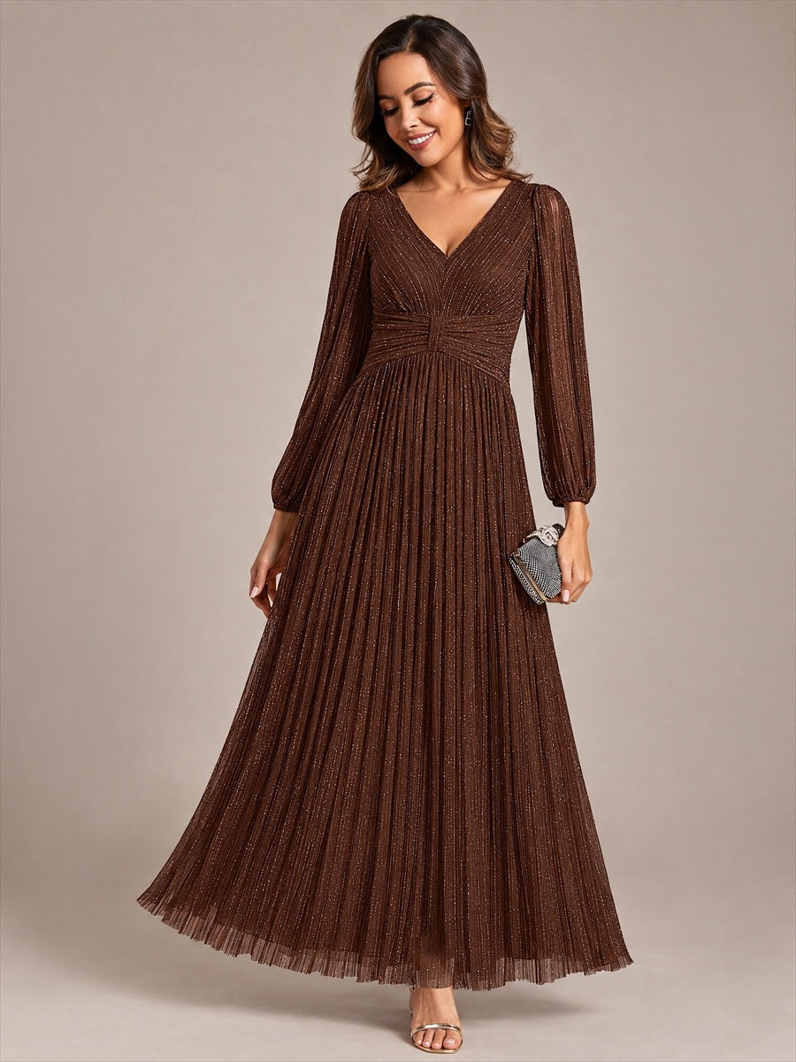 Funkelndes Abendkleid in A-Linie mit Empire-Taille und langen Ärmeln #Farbe_Schokoladenbraun