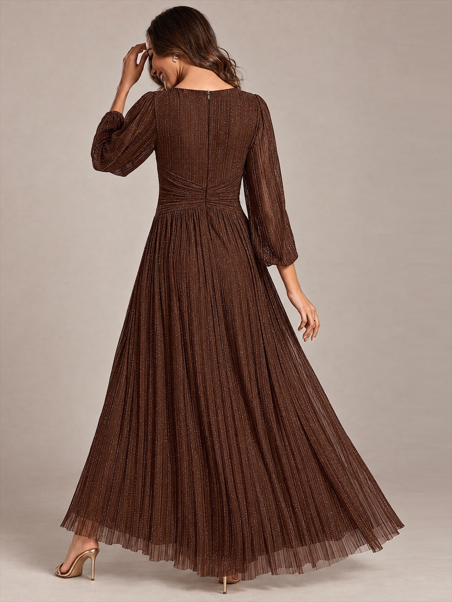 Funkelndes Abendkleid in A-Linie mit Empire-Taille und langen Ärmeln #Farbe_Schokoladenbraun