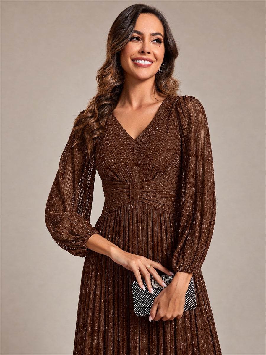Funkelndes Abendkleid in A-Linie mit Empire-Taille und langen Ärmeln #Farbe_Schokoladenbraun