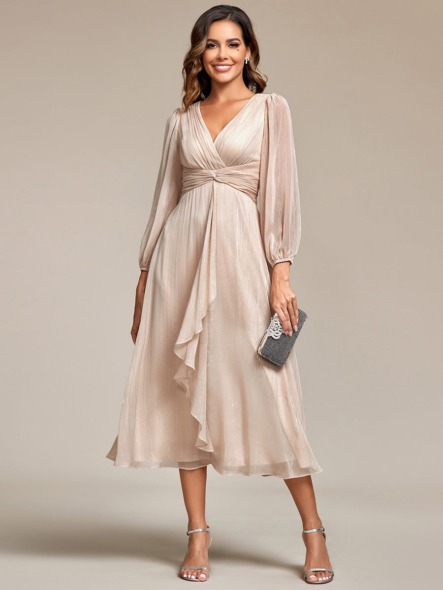 Robe d'invit¡§| de mariage trap¡§¡§ze en mousseline fluide ¡§¡è encolure ronde et longueur au genou #farbe_Champagner
