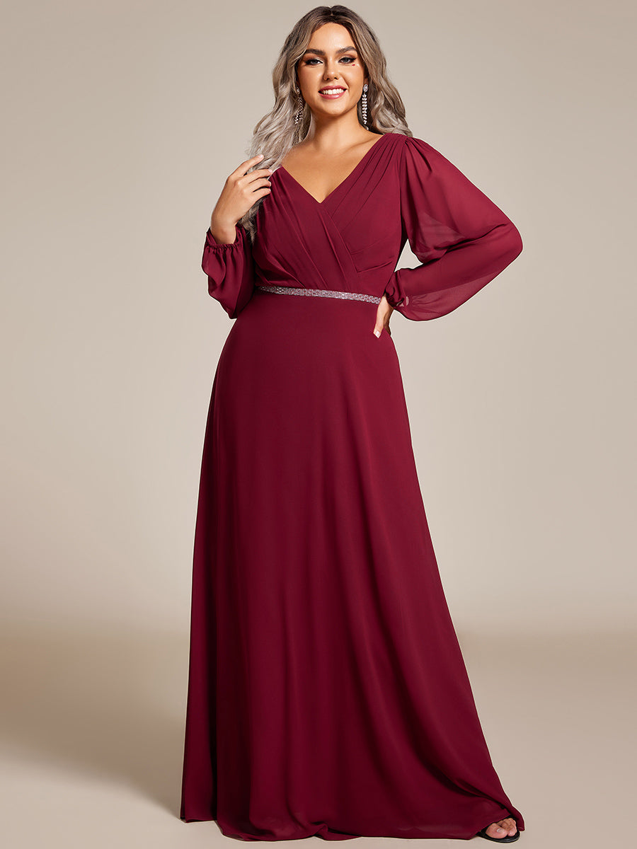 Funkelndes Abendkleid in A-Linie mit Empire-Taille und langen ?rmeln #farbe_Burgunderrot