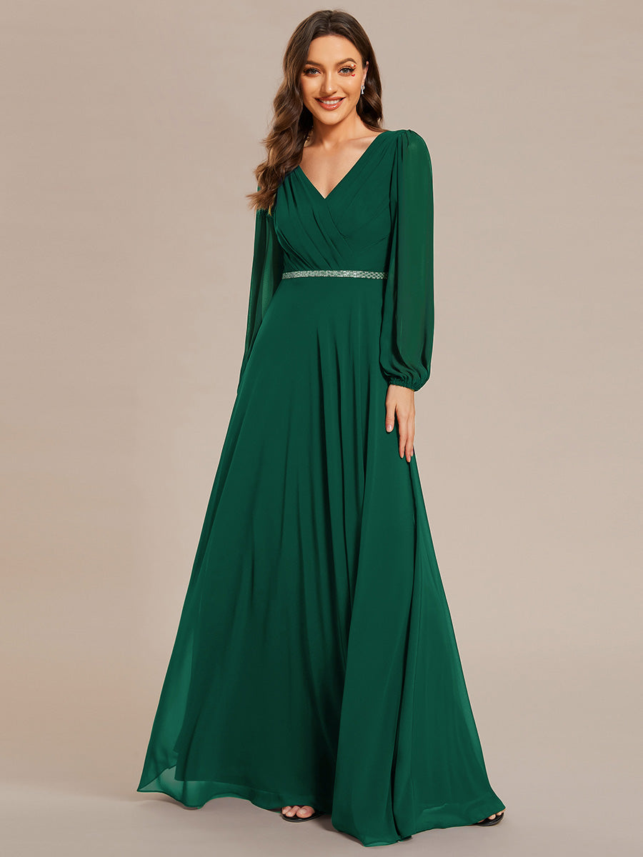Funkelndes Abendkleid in A-Linie mit Empire-Taille und langen ?rmeln #farbe_Dunkelgrün