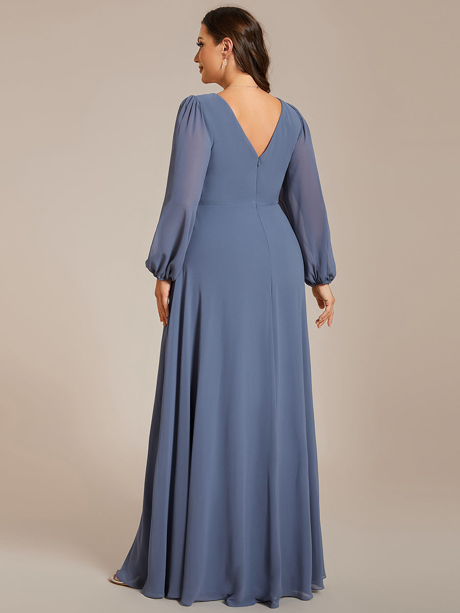 Funkelndes Abendkleid in A-Linie mit Empire-Taille und langen ?rmeln #farbe_Taubenblau