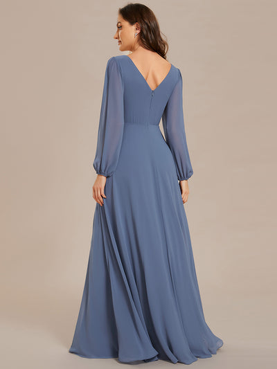 Funkelndes Abendkleid in A-Linie mit Empire-Taille und langen ?rmeln #farbe_Taubenblau
