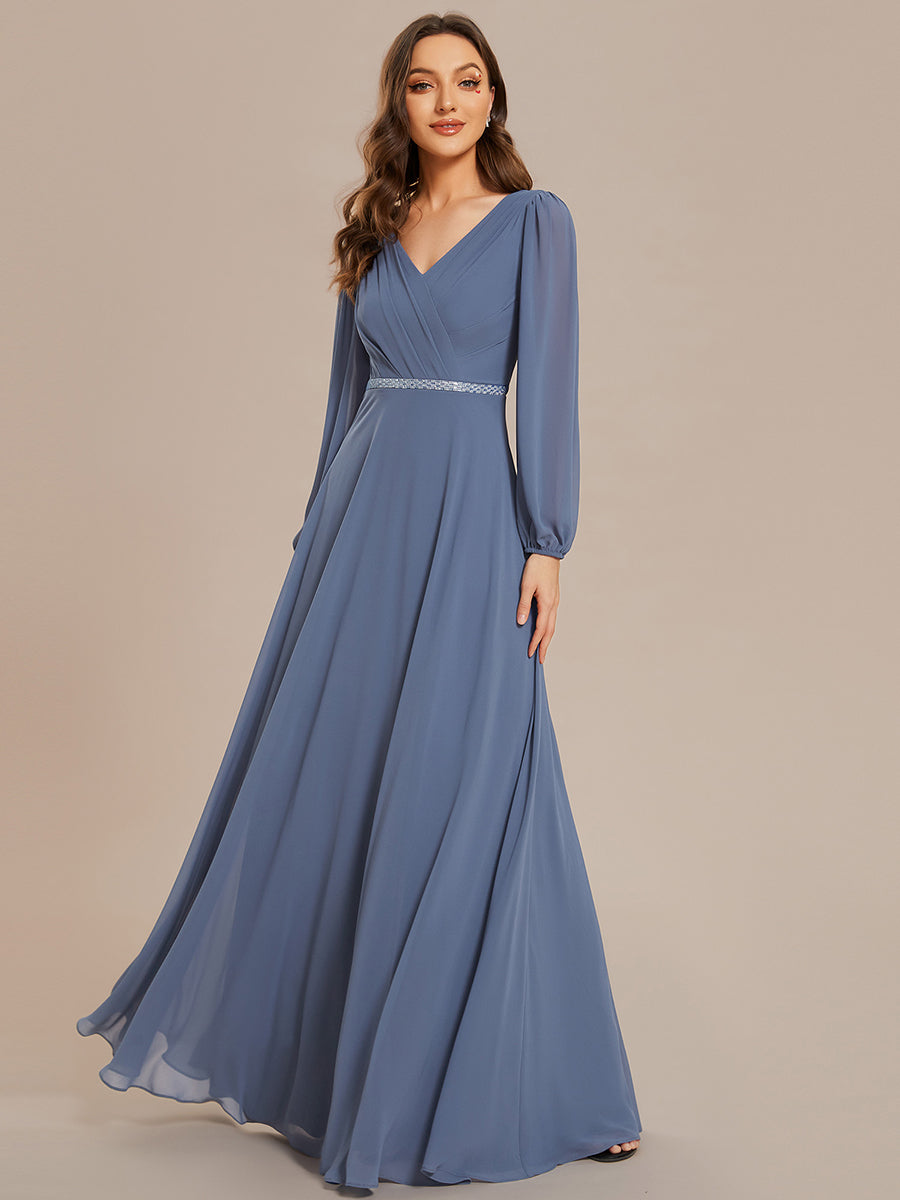 Funkelndes Abendkleid in A-Linie mit Empire-Taille und langen ?rmeln #farbe_Taubenblau