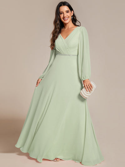 Funkelndes Abendkleid in A-Linie mit Empire-Taille und langen ?rmeln #farbe_Mintgrün