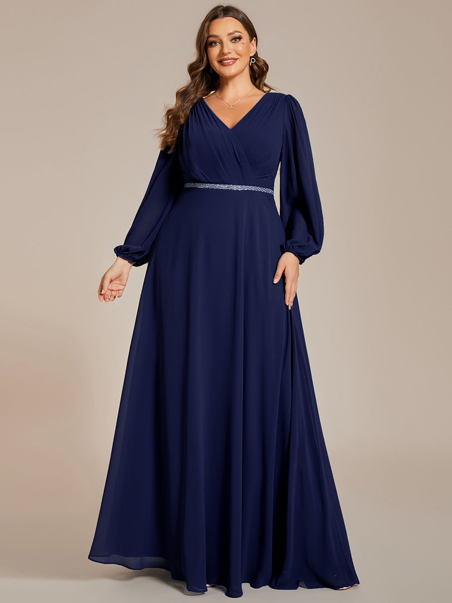 Funkelndes Abendkleid in A-Linie mit Empire-Taille und langen ?rmeln #farbe_Marineblau