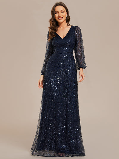 Bodenlanger V-Ausschnitt A-Linie Pailletten Kleid Mit Durchsichtigen Details Funkelnde Eleganz Kleid #Farbe_Marineblau
