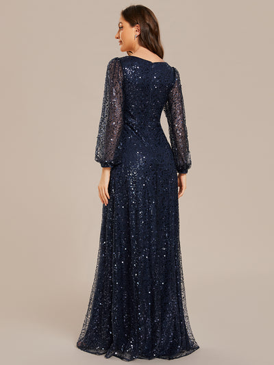 Bodenlanger V-Ausschnitt A-Linie Pailletten Kleid Mit Durchsichtigen Details Funkelnde Eleganz Kleid #Farbe_Marineblau