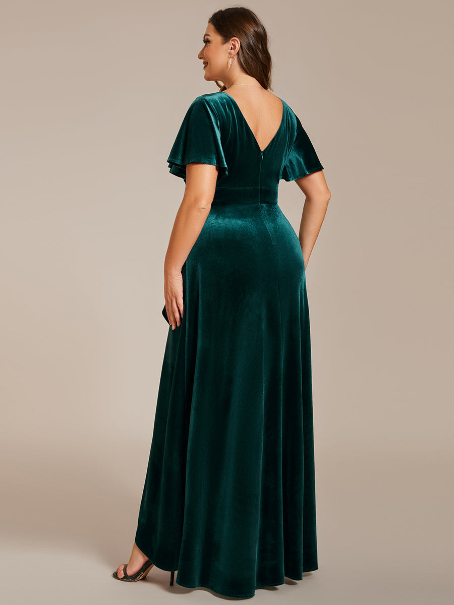 Hoch-Tief V-Ausschnitt A-Linie Samt Kleid Mit Rüschendetails #Farbe_Dunkelgrün