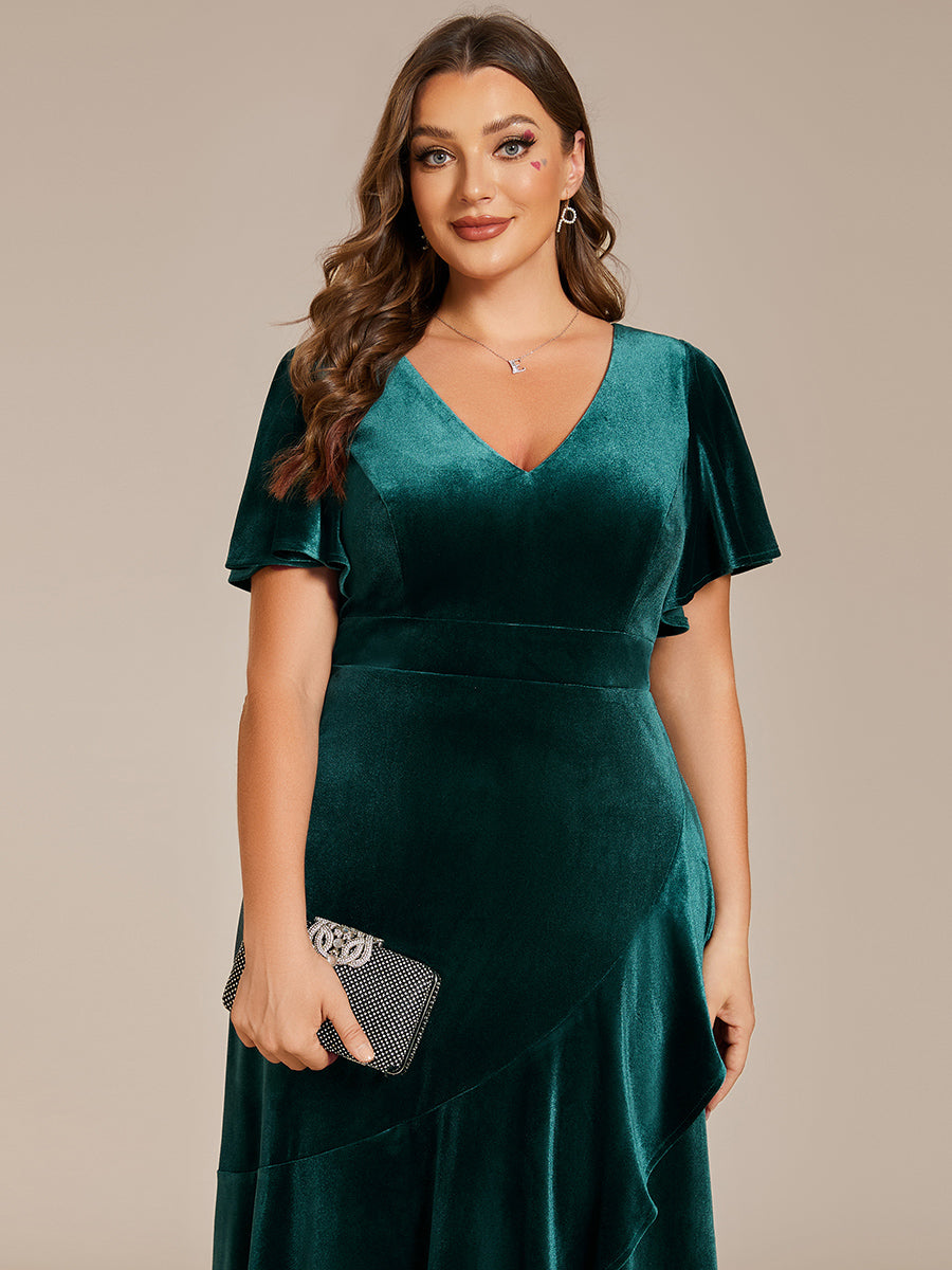 Hoch-Tief V-Ausschnitt A-Linie Samt Kleid Mit Rüschendetails #Farbe_Dunkelgrün