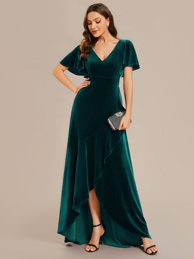 Hoch-Tief V-Ausschnitt A-Linie Samt Kleid Mit Rüschendetails #Farbe_Dunkelgrün