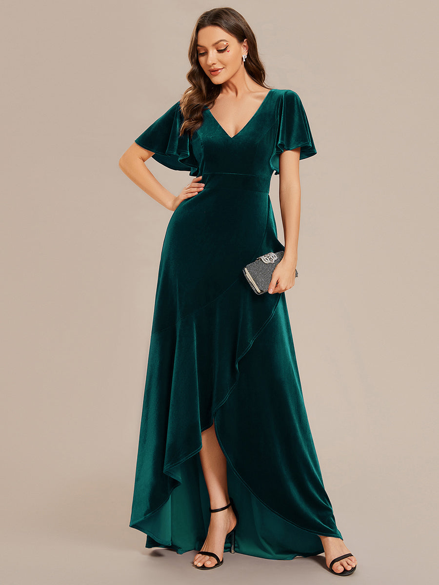 Hoch-Tief V-Ausschnitt A-Linie Samt Kleid Mit Rüschendetails #Farbe_Dunkelgrün