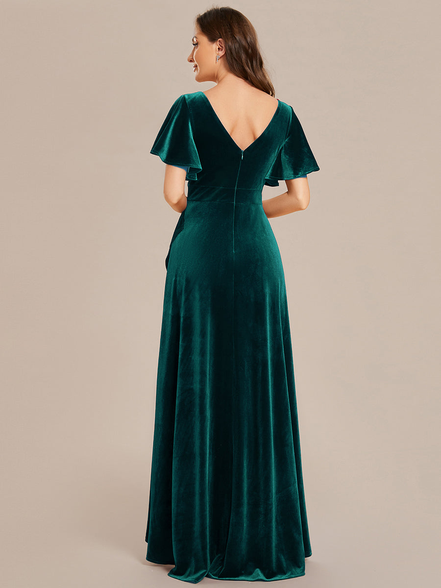 Hoch-Tief V-Ausschnitt A-Linie Samt Kleid Mit Rüschendetails #Farbe_Dunkelgrün