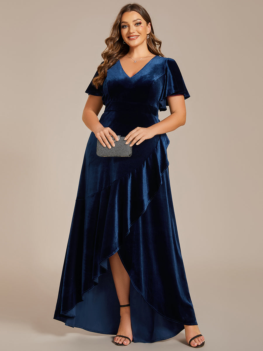Hoch-Tief V-Ausschnitt A-Linie Samt Kleid Mit Rüschendetails #Farbe_Marineblau