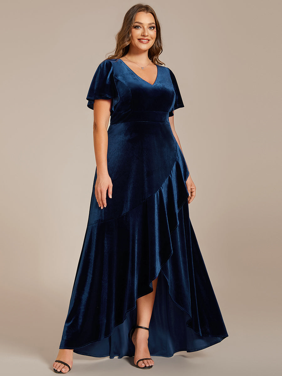 Hoch-Tief V-Ausschnitt A-Linie Samt Kleid Mit Rüschendetails #Farbe_Marineblau