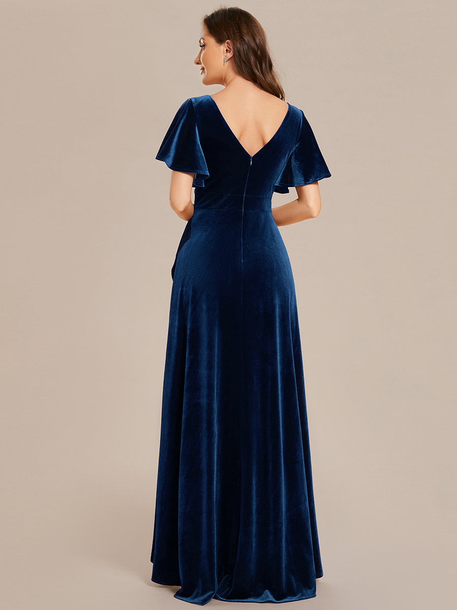 Hoch-Tief V-Ausschnitt A-Linie Samt Kleid Mit Rüschendetails #Farbe_Marineblau