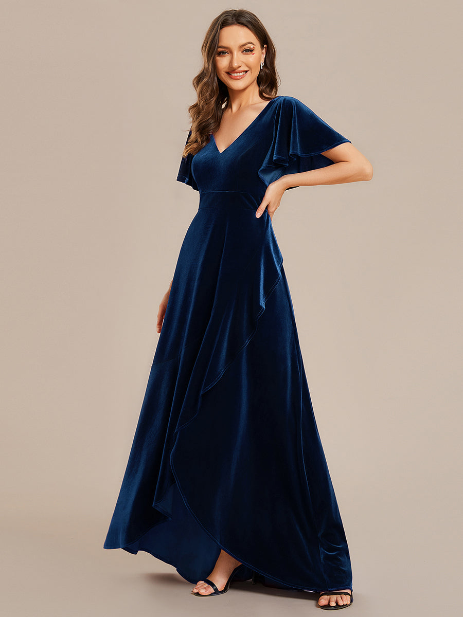 Hoch-Tief V-Ausschnitt A-Linie Samt Kleid Mit Rüschendetails #Farbe_Marineblau