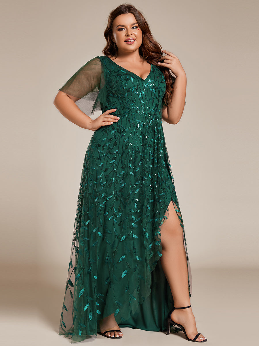 Maxilänge, V-Ausschnitt, asymmetrischer Saum, Pailletten-Kleid mit tiefem V-Ausschnitt und funkelnden Details #Farbe_Dunkelgrün