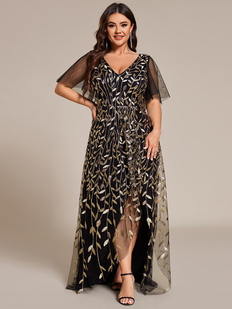 Maxilänge, V-Ausschnitt, asymmetrischer Saum, Pailletten-Kleid mit tiefem V-Ausschnitt und funkelnden Details #Farbe_Schwarz & Gold