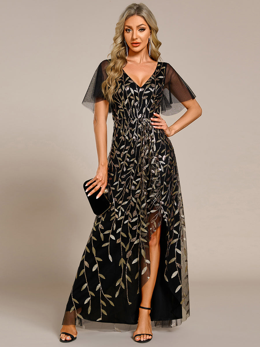 Maxilänge, V-Ausschnitt, asymmetrischer Saum, Pailletten-Kleid mit tiefem V-Ausschnitt und funkelnden Details #Farbe_Schwarz & Gold
